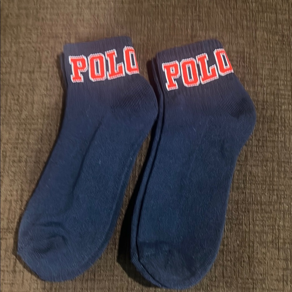 Polo by Ralph Lauren Men's Blue Ankle Socks with Red Logo. 2 pack